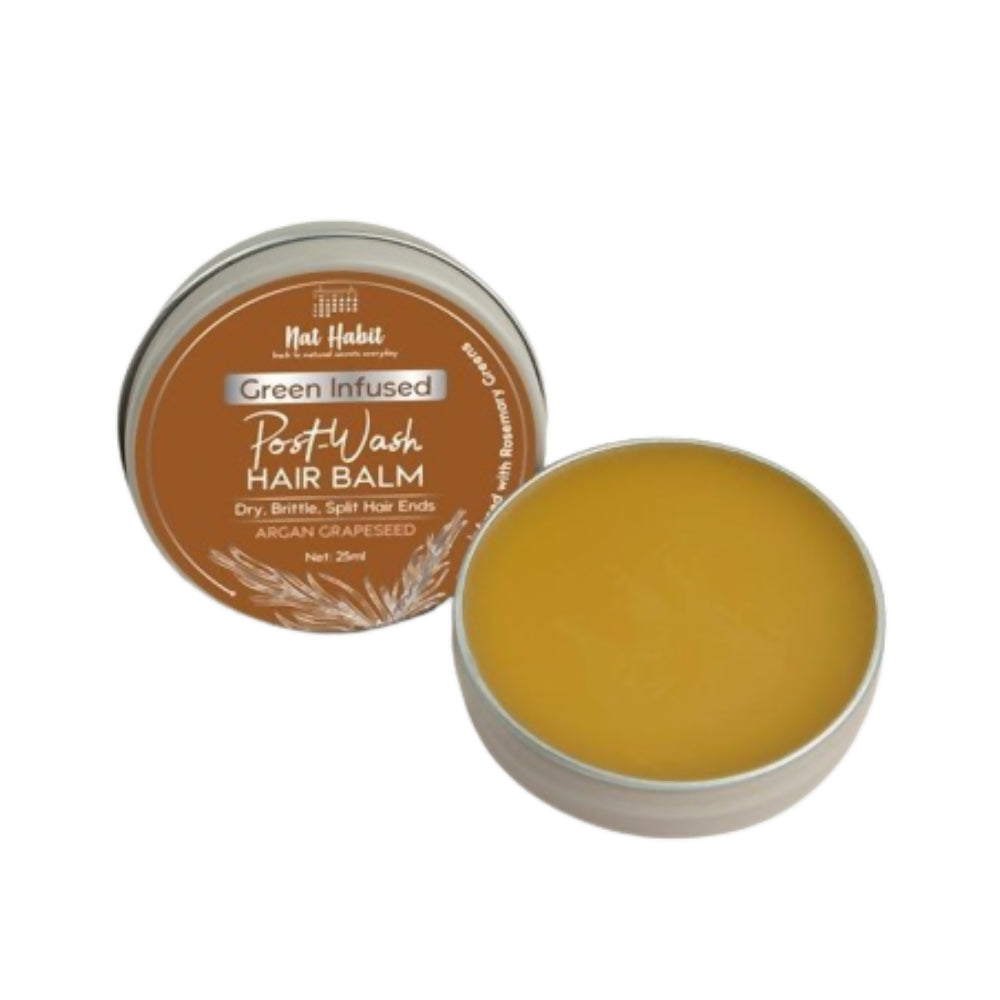 Nat Habit Argan and Grapeseed Post-Wash Hair Balm in a jar, conditioner for nourishing and smoothing hair after washing.
