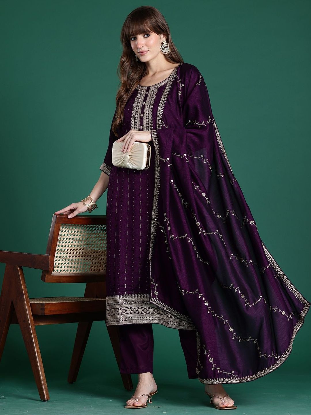 Women Ethnic Motifs Embroidered Regular Thread Work Kurta with Trousers & With Dupatta