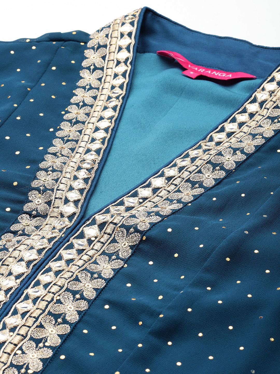 Indyancart VA Women'sBlue Polka Dots Printed Thread Work Silk Georgette Kurta & Trouser & Dupatta