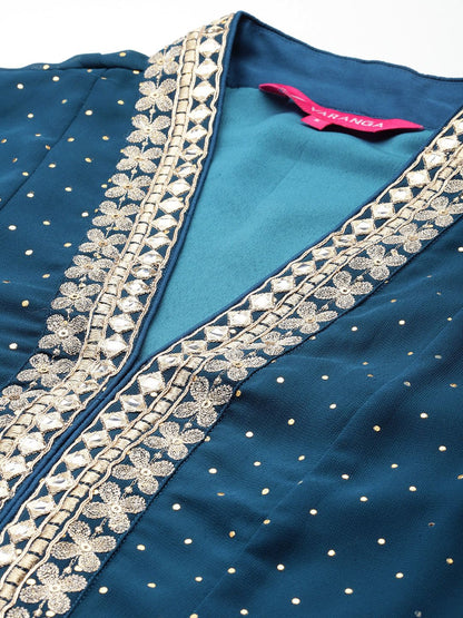 Indyancart VA Women'sBlue Polka Dots Printed Thread Work Silk Georgette Kurta & Trouser & Dupatta