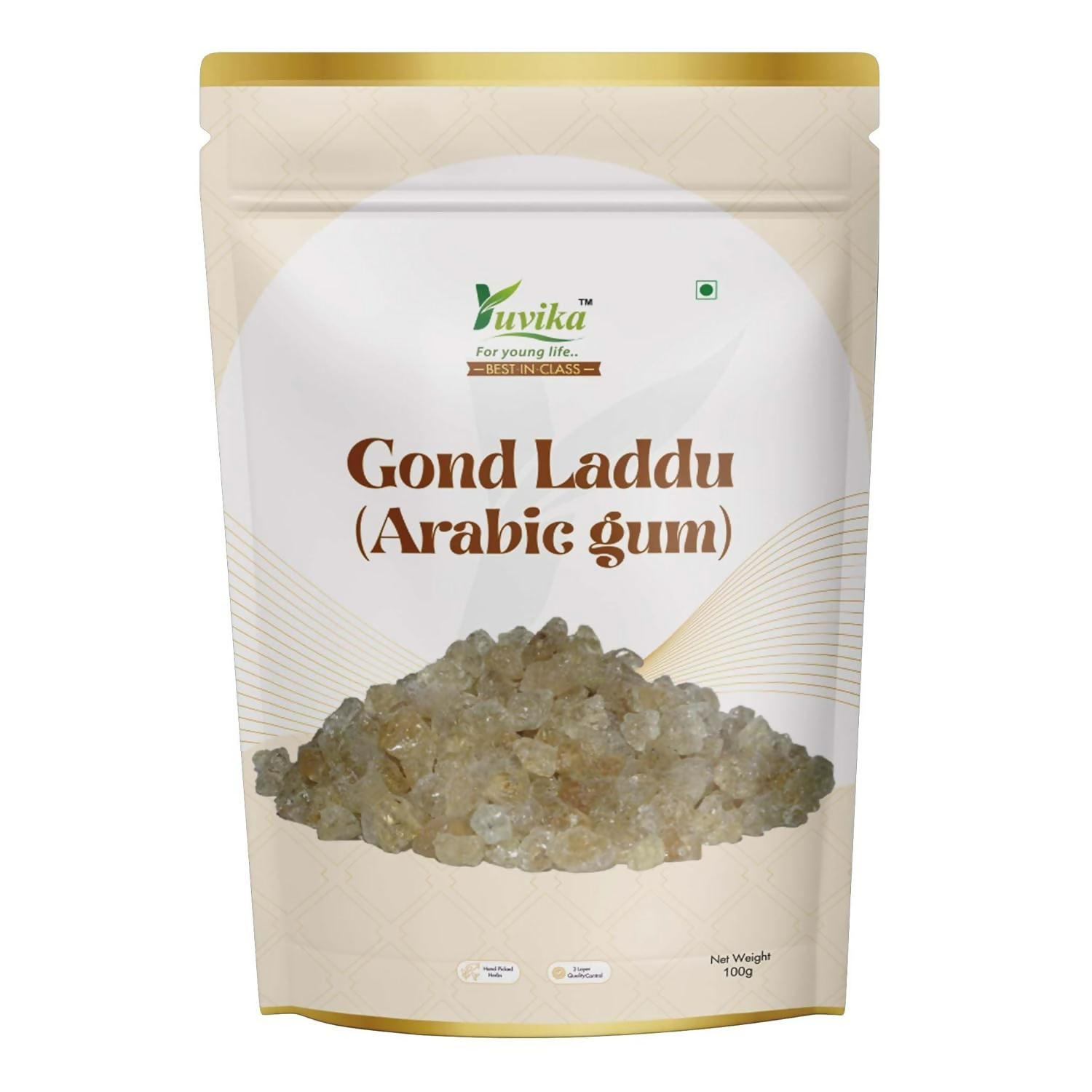 Yuvika Gond Batan, Indian sweet with acacia arabica gum, shown as a traditional gond ladoo made from wild Arabic gum.
