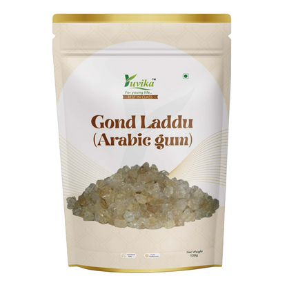 Yuvika Gond Batan, Indian sweet with acacia arabica gum, shown as a traditional gond ladoo made from wild Arabic gum.