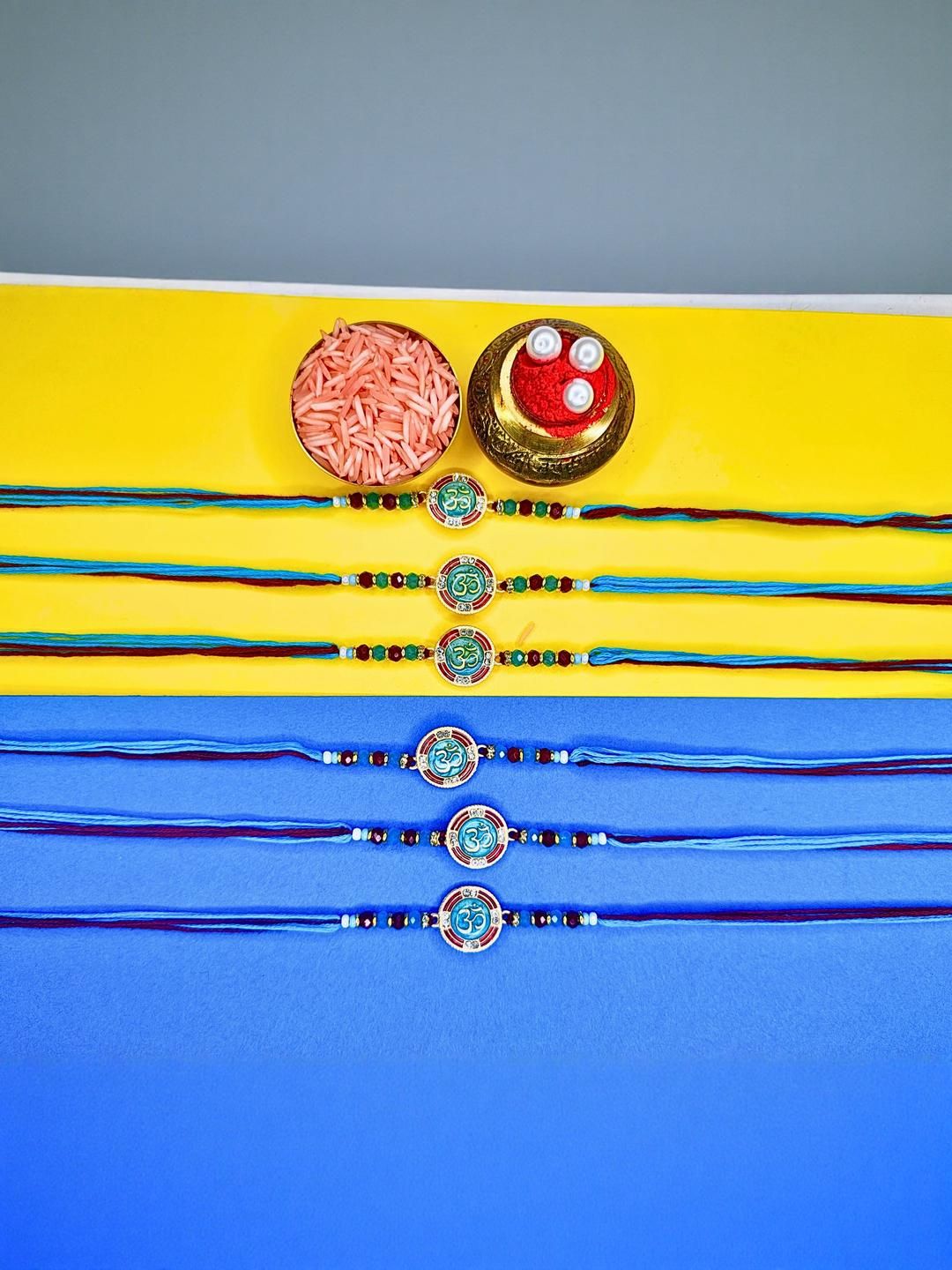 Anouk Set Of 6 Beaded Cotton Thread with AD Stones & Meenakari Designer Rakhi for Brother