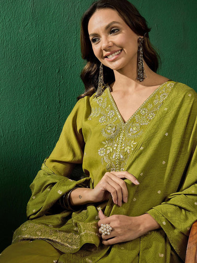 Indyancart SN Women's Floral Embroidered Straight Kurta with Trousers & Dupatta