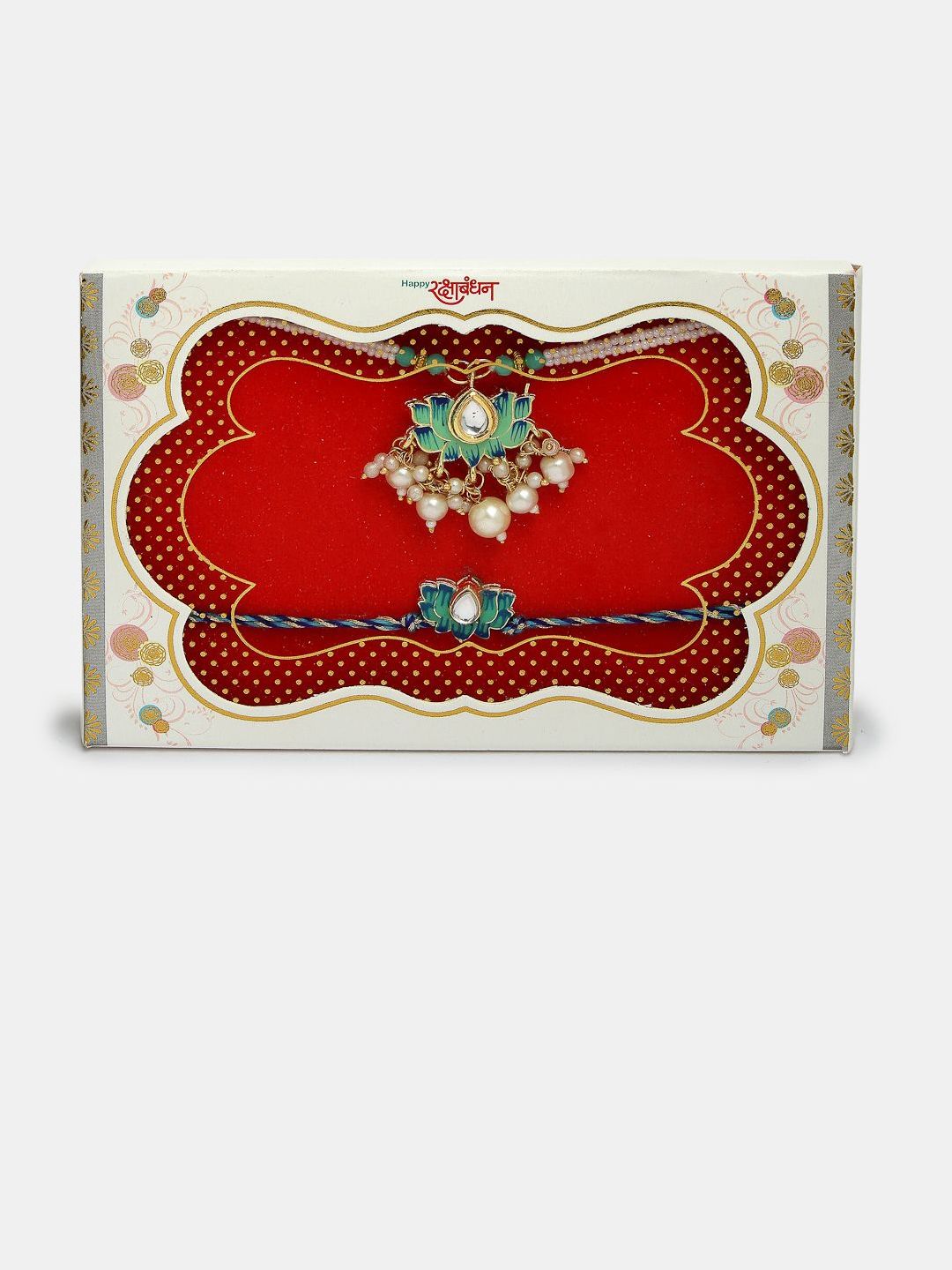 Anouk Unisex Set Of 2 Turquoise Blue Lotus Shape Kundan-Studded Handcrafted Rakhi Set