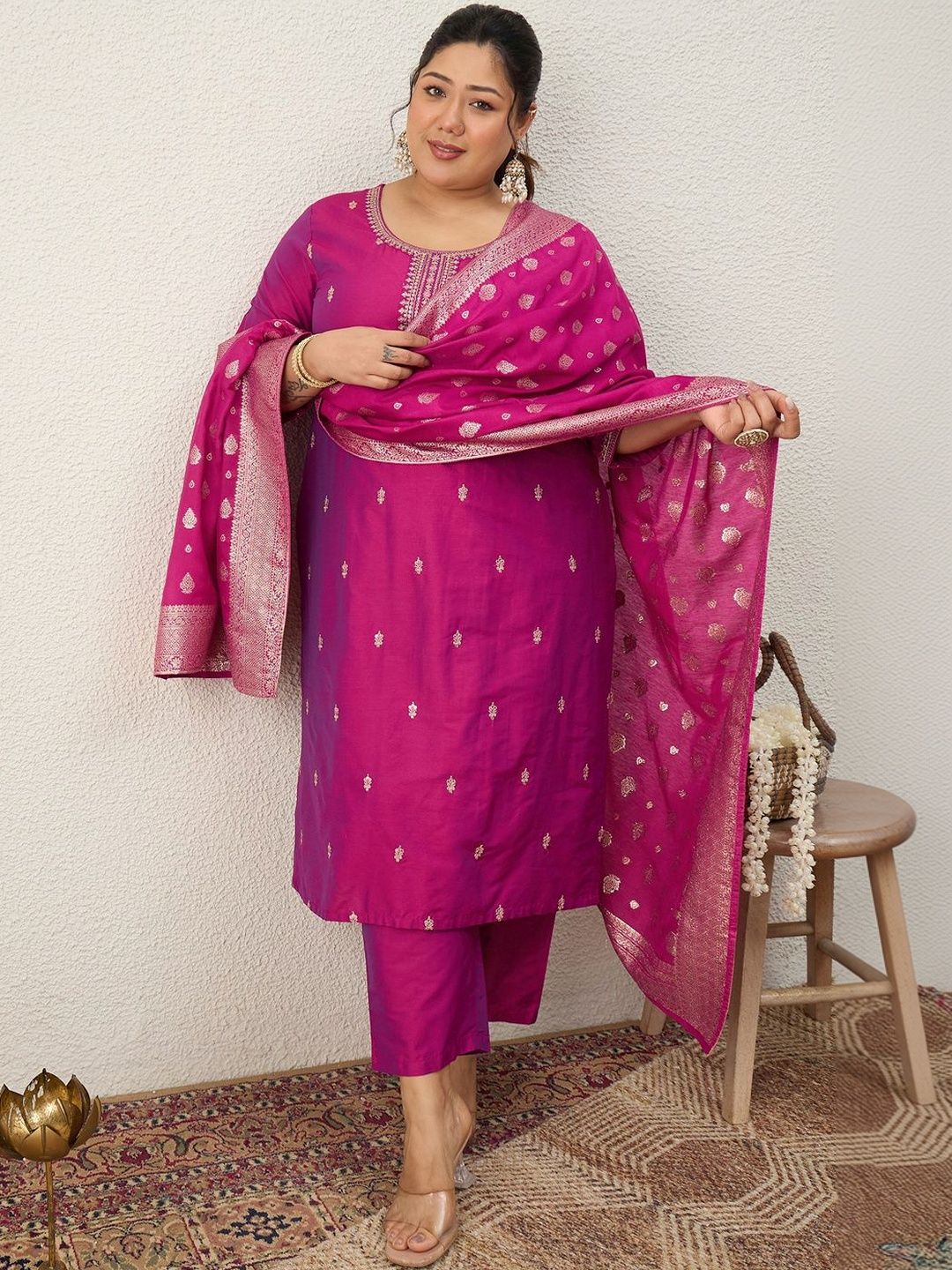 Indyancart Women's Ethnic Motifs Embroidered Regular Kurta with Trousers & With Dupatta