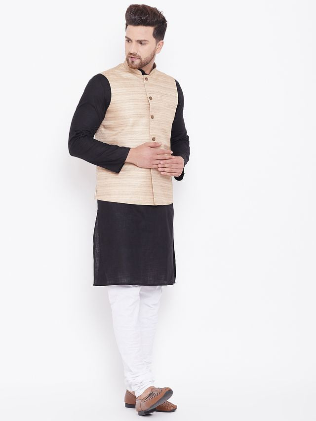 Men's Black Cotton Blend Straight Jacket  Kurta and Pyjama Set