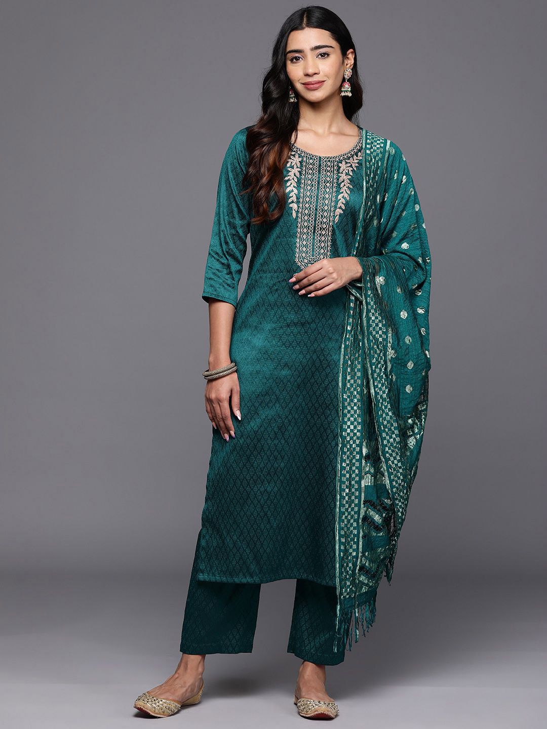 Dhiyona VA Women'sEthnic Motifs Embroidered Straight Kurta with Trousers & With Dupatta