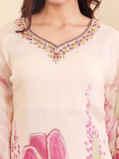 Indyancart VA Floral Embroidered Pure Silk Straight Kurta with Palazzos & With Dupatta