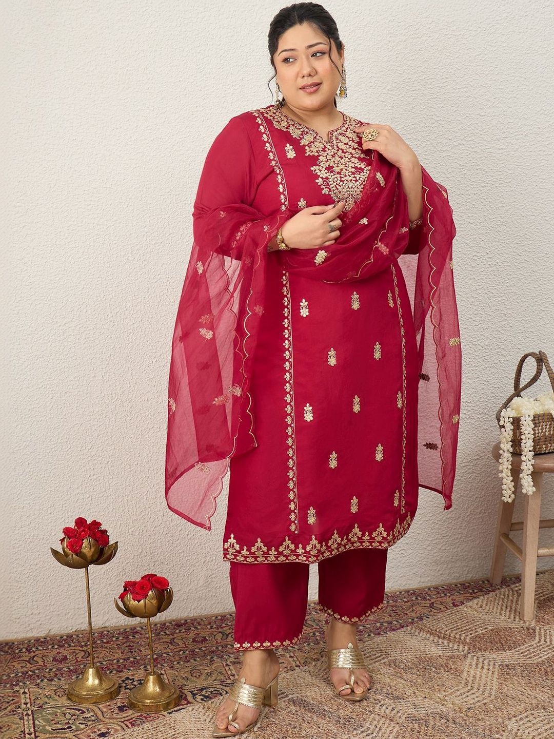 Indyancart Women's Ethnic Motifs Embroidered Regular Kurta with Trousers & With Dupatta