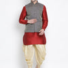 Men's Maroon Silk Blend Straight Jacket  Kurta and Dhoti Set