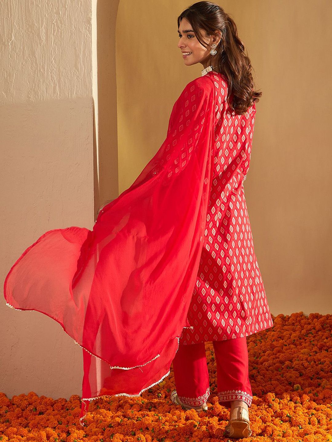 Indyancart IE Floral Printed Mirror Work Straight Kurta With Trousers & Dupatta