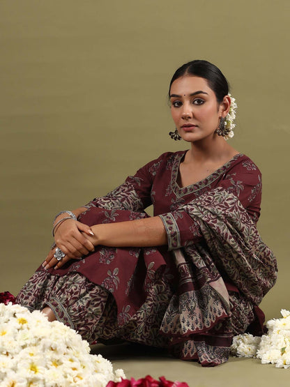 Indyancart IE Floral Printed Pure Cotton Straight Kurta With Salwar & Dupatta