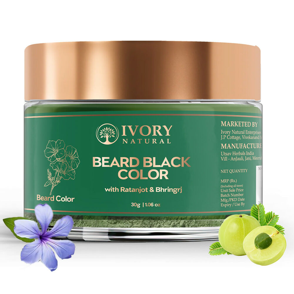 Ivory Natural beard color powder in black, organic plant-based beard dye, showing a close-up of the powder texture and container.