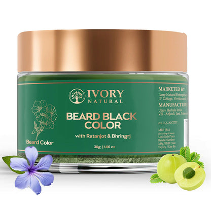 Ivory Natural beard color powder in black, organic plant-based beard dye, showing a close-up of the powder texture and container.