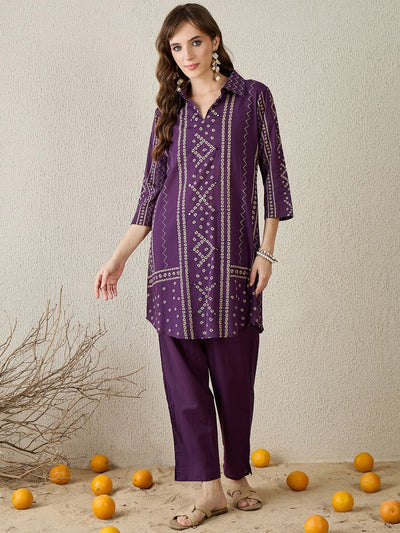 Indyancart IE Bhandani Printed Pure Cotton Shirt Collar Top With Trousers Co-Ords