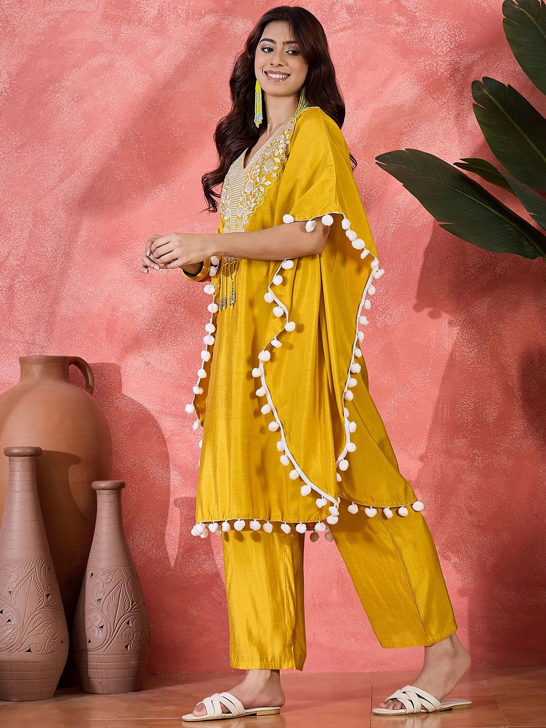 Indyancart SN Women's Embroidered V-Neck Mirror Work Kaftan With Trousers
