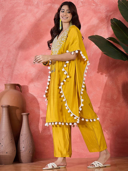Indyancart SN Women's Embroidered V-Neck Mirror Work Kaftan With Trousers