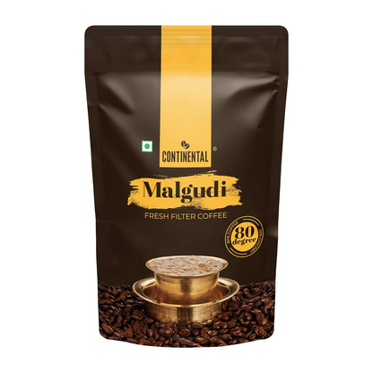 Container of Continental Malgudi Filter Coffee Powder showing the label and packaging for authentic South Indian filter coffee.