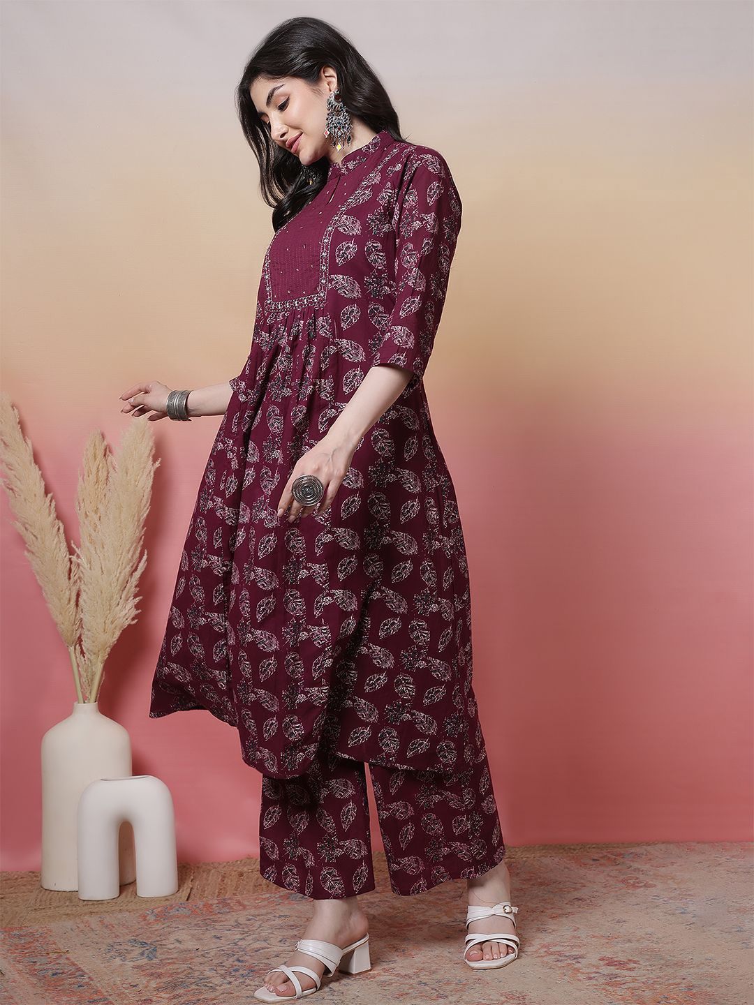 Indyancart SN Women's Floral Printed Mandarin Collar Pure Cotton Anarkali Kurta With Trouser & Dupatta