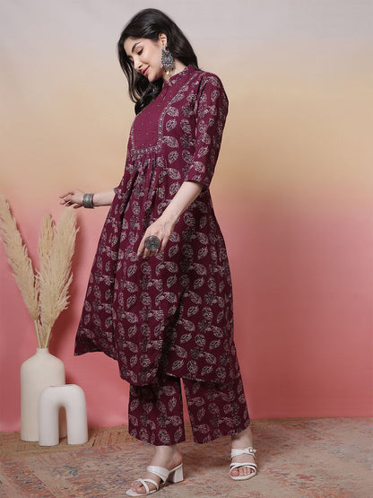 Indyancart SN Women's Floral Printed Mandarin Collar Pure Cotton Anarkali Kurta With Trouser & Dupatta