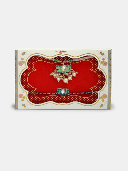 Anouk Unisex Set Of 2 Turquoise Blue Lotus Shape Kundan-Studded Handcrafted Rakhi Set