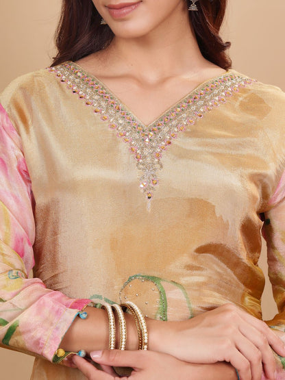 Indyancart VA Floral Embroidered Pure Silk Straight Kurta with Palazzos & With Dupatta