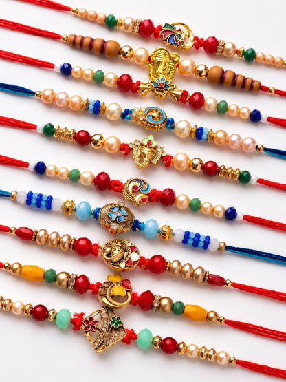 Anouk Set Of 10 Artificial Stones & Beads Thread Rakhi With Roli Chawal Chandan Mishri