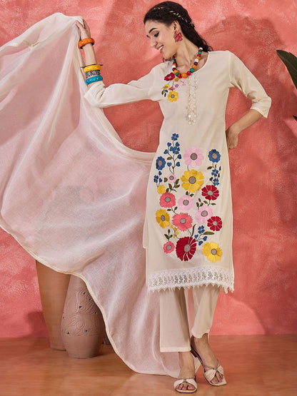 Indyancart SN Women's Embroidered Pure Cotton Straight Kurta &Trousers With Dupatta