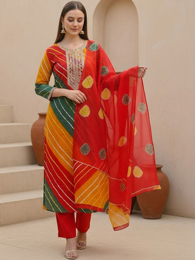 Indyancart IE Women Leheriya Printed Regular Thread Work Kurta with Trousers & With Dupatta