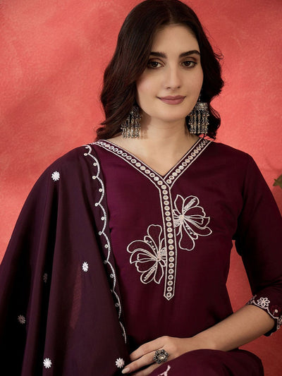 Indyancart SN Women's Embroidered V-Neck Kurta With Trousers & Scalped Dupatta
