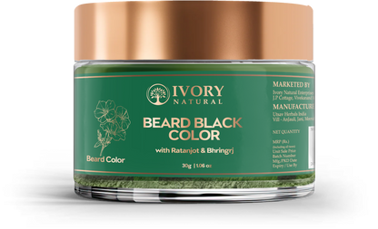 Ivory Natural Beard Color powder in black, organic plant-based beard dye, natural ivory tone, showing the product in a container