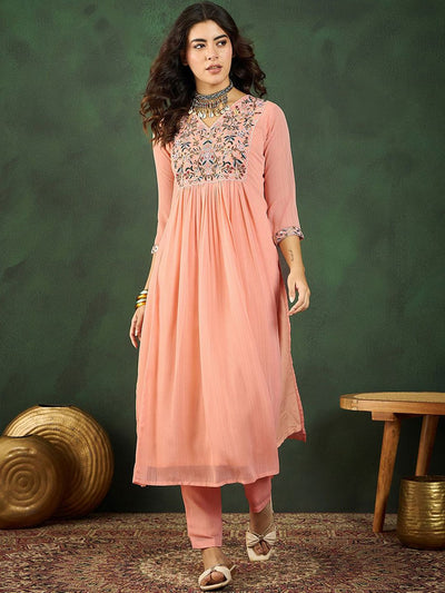 Indyancart SN Women's V-Neck Embroidered Kurta Sets