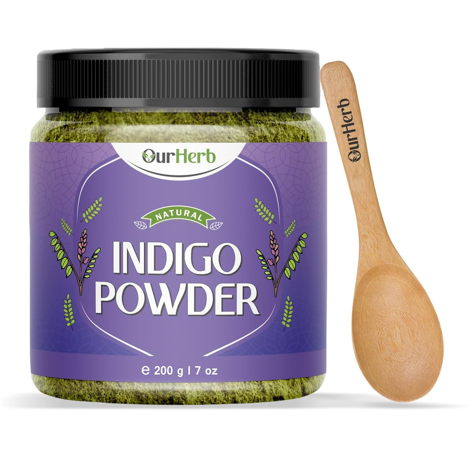 OurHerb organic indigo leaves powder for black hair color, shown in a natural heap with green and blue-green leaves.