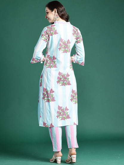Indyancart IE Indo era Printed Pure Cotton V Neck Top With Trousers Co-Ords Set