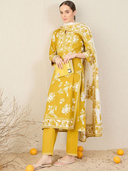 Women Floral Printed Pure Cotton Kurta with Trousers & Dupatta
