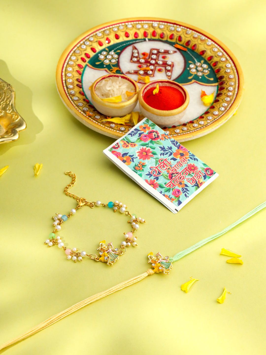 Anouk Artificial Stones Studded & Pearls Beaded Bhaiya Bhabhi Rakhis With Roli Chawal