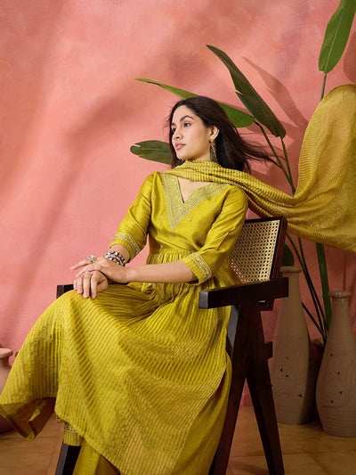 Indyancart SN Women's Mustard Floral Embroidered V-Neck Kurta With Pant And Dupatta