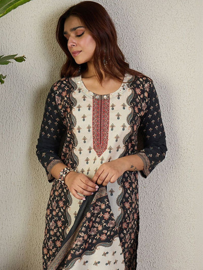 Indyancart IE Ethnic Motifs Printed Round Neck Thread Work Pure Cotton Kurta Trousers & Dupatta