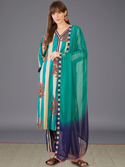 Women Printed Regular Thread Work Pure Cotton Kurta with Trousers & With Dupatta
