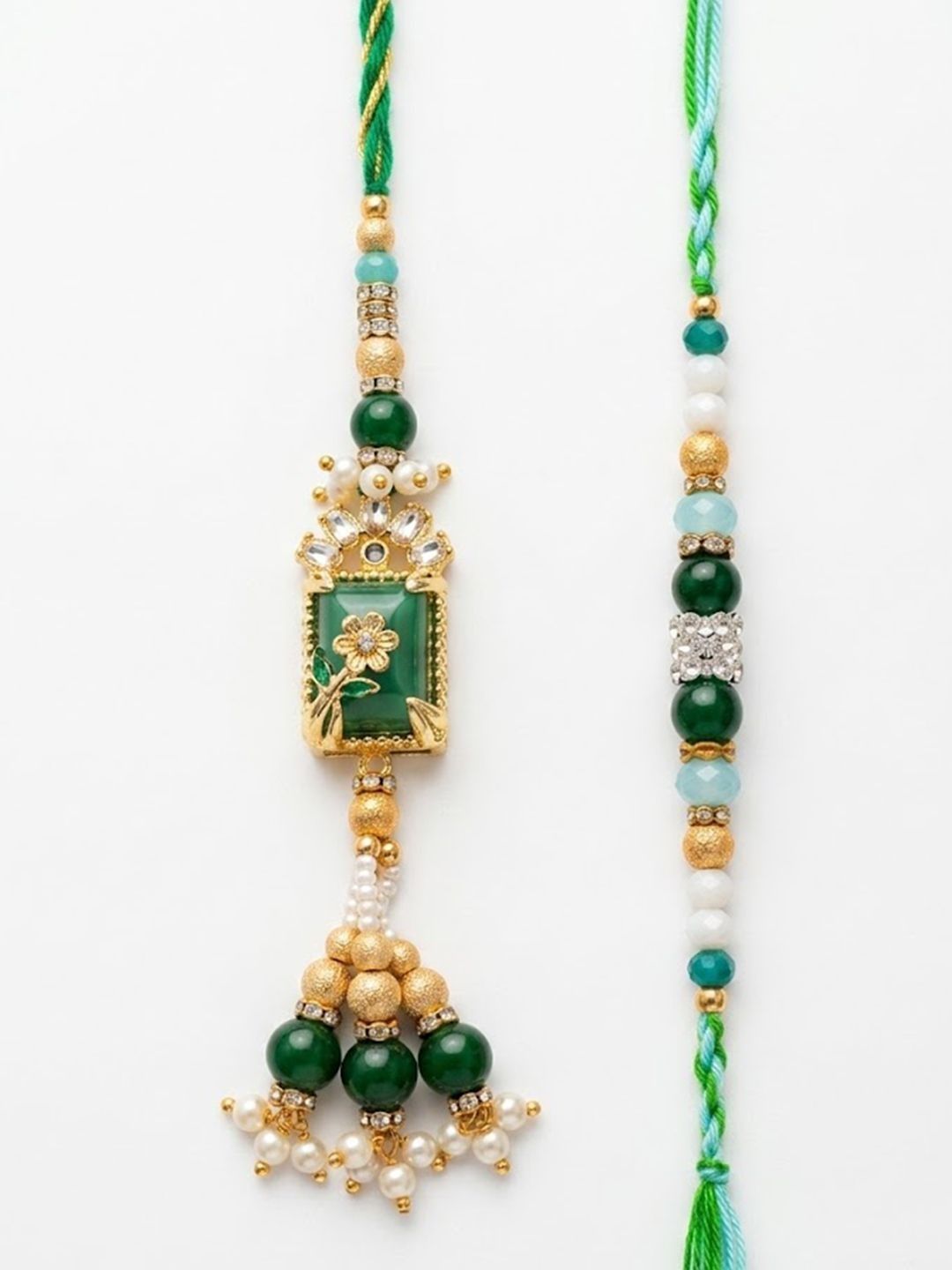 Anouk Set Of 2 Green Artificial Beads Traditional Bhaiya Bhabhi Rakhi With Roli Chawal