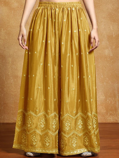 Indyancart VA Ethnic Motifs Embroidered Beads and Stones Silk Crepe Kurta With Sharara & Dupatta