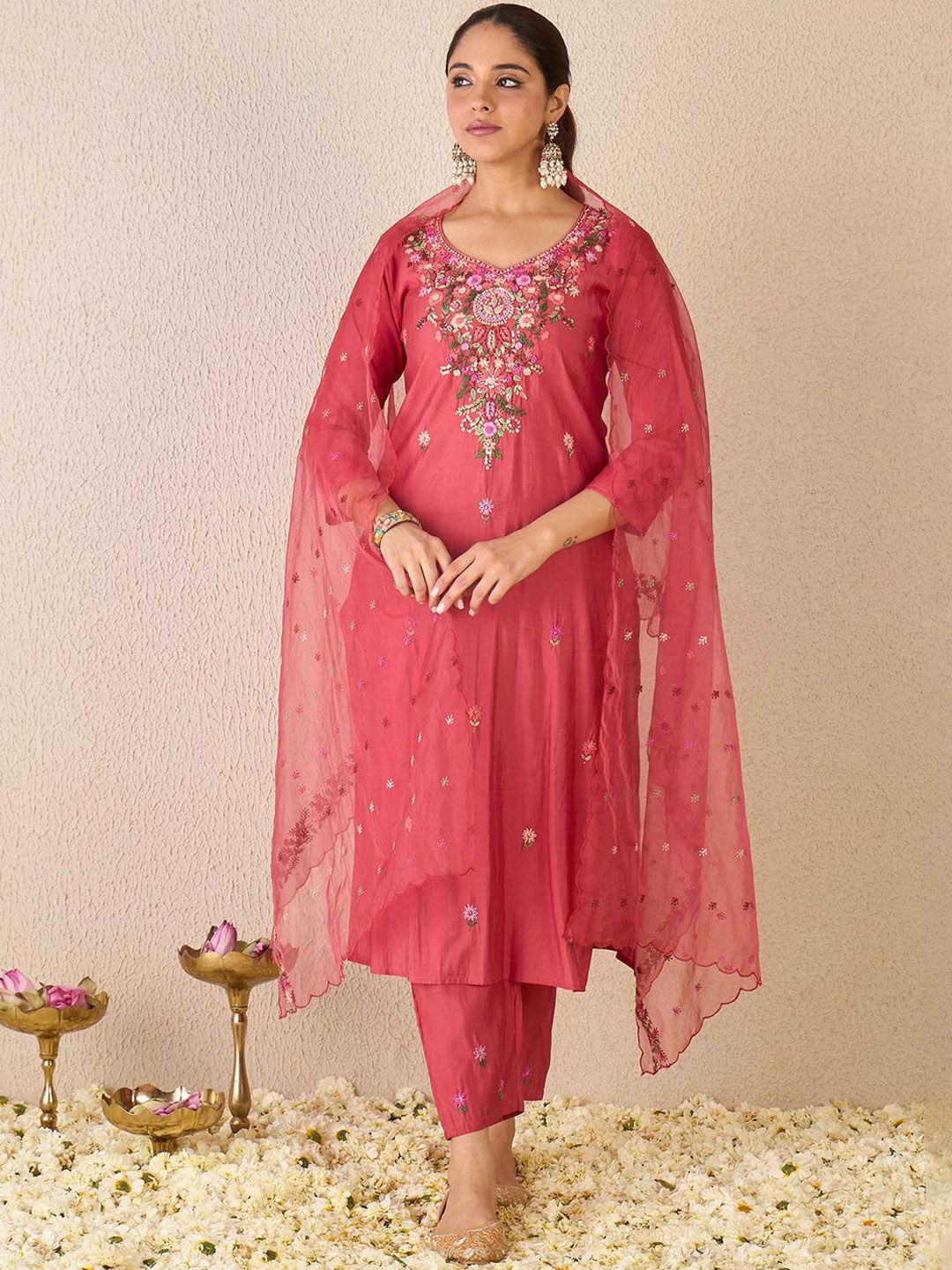 Indyancart IE Floral Embroidered Stone & Beads Work V Neck Kurta With Trousers & Dupatta