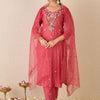 Indyancart IE Floral Embroidered Stone & Beads Work V Neck Kurta With Trousers & Dupatta