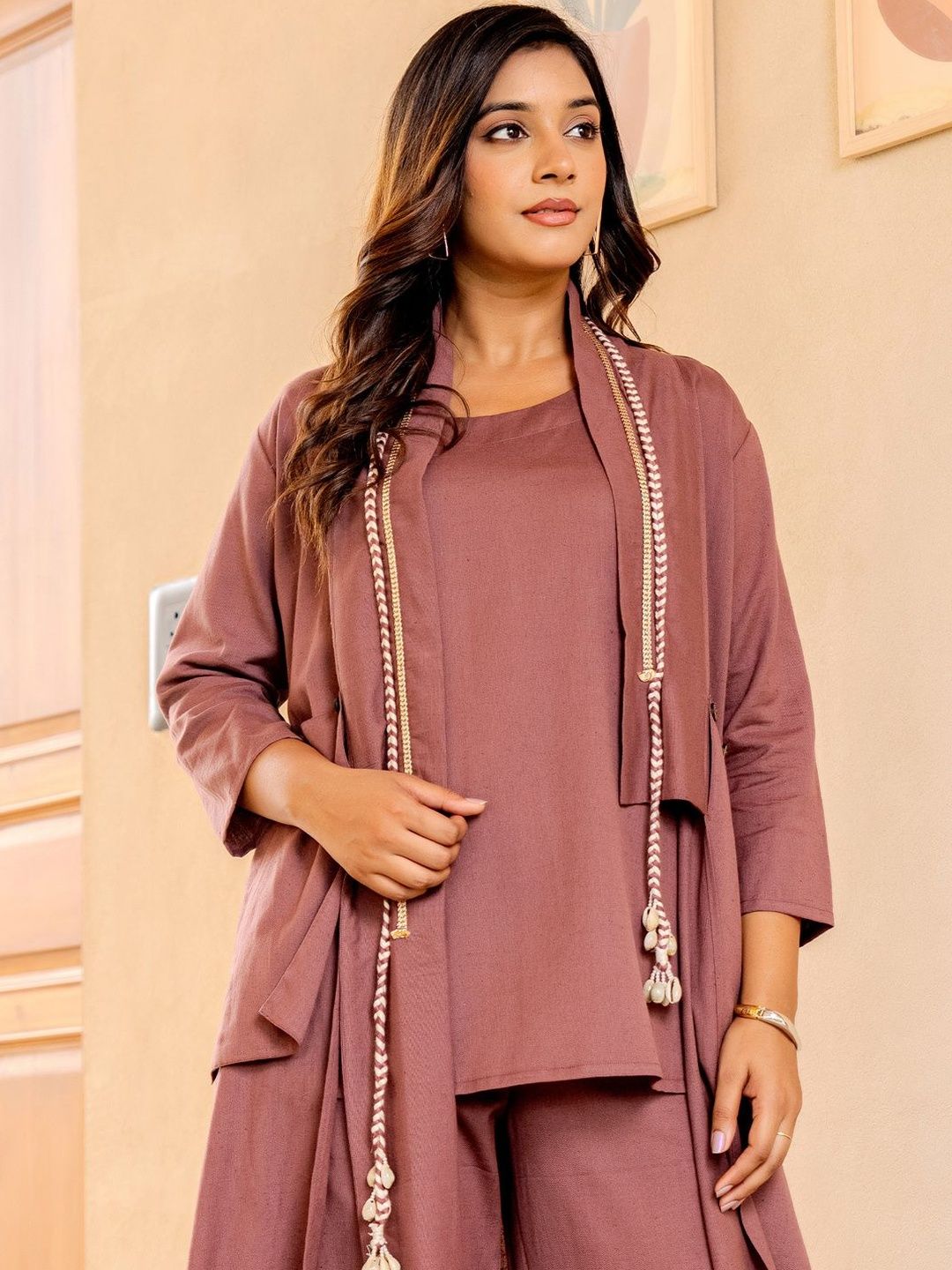 Women Solid Cotton Top with Palazzo & Jacket
