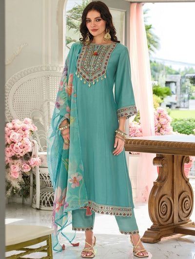 Indyancart IE Women Ethnic Motifs Embroidered Kurta with Trousers & Dupatta