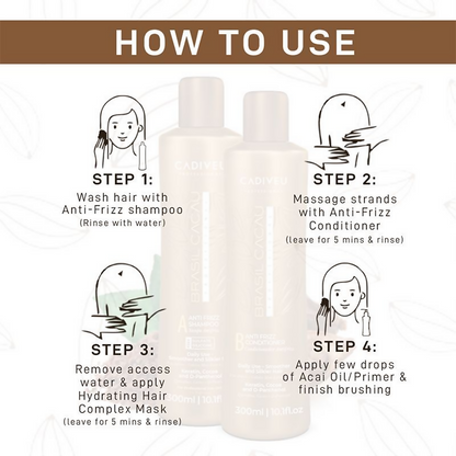 Cadiveu Brasil Cacau anti-frizz shampoo and conditioner duo with sleek bottles, designed to smooth and tame frizz for shiny hair.