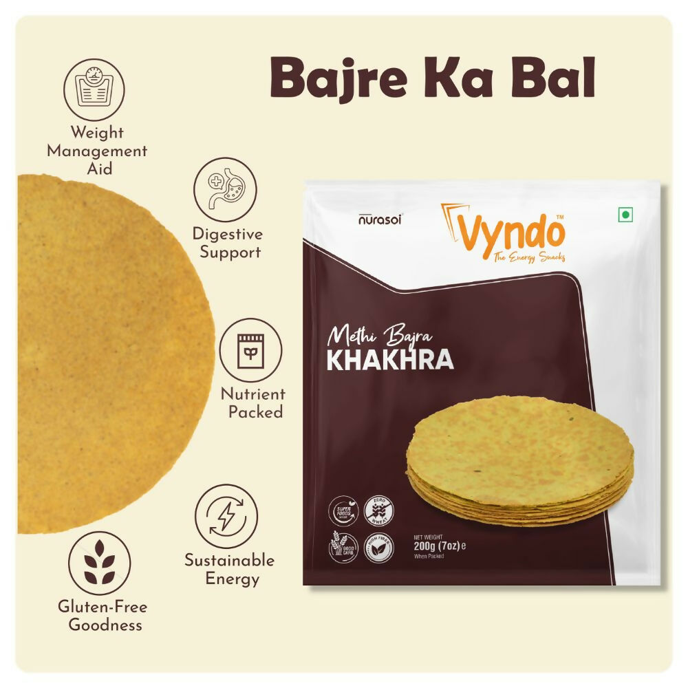 Vyndo Methi Bajra Khakhra, North Indian snack, crispy golden flatbread with methi and bajra ingredients, ready to serve.