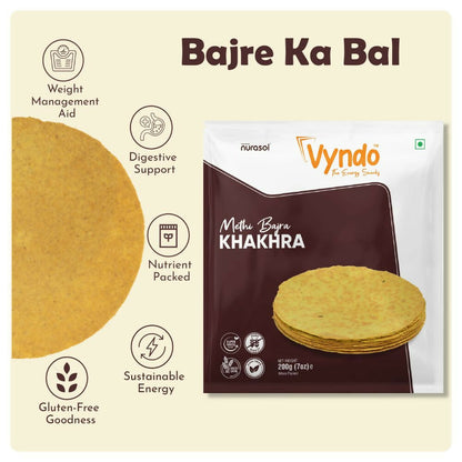 Vyndo Methi Bajra Khakhra, North Indian snack, crispy golden flatbread with methi and bajra ingredients, ready to serve.