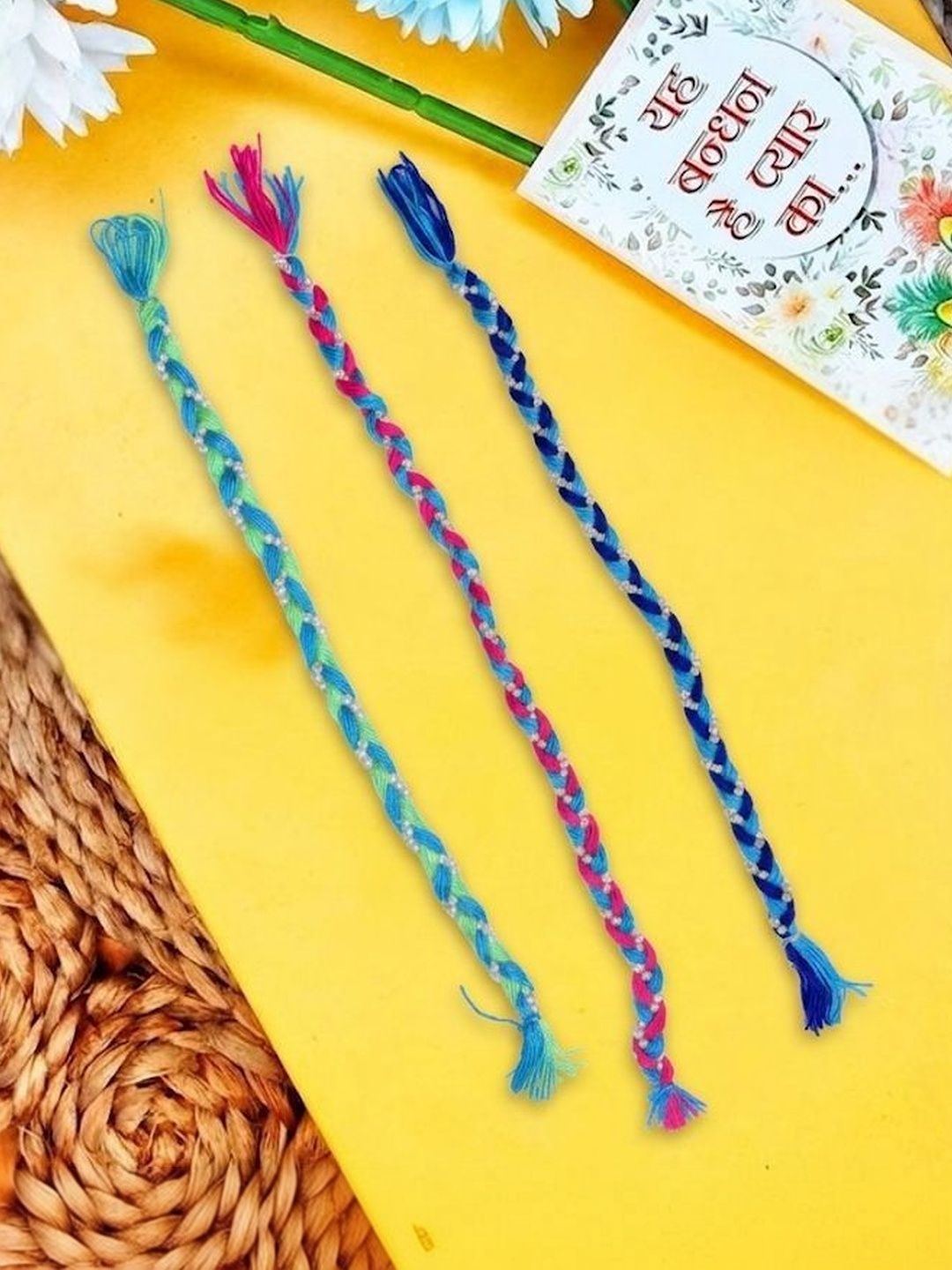 Anouk Set Of 3 Multicolor Thread Rakhi With Roli Chawal Chandan Mishri